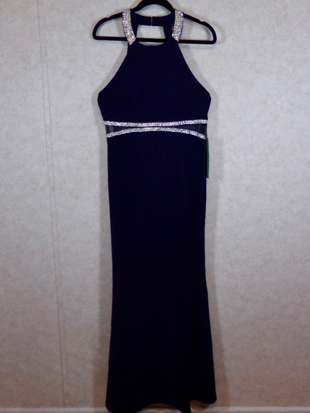 NWT My Michelle Sheer Midriff Navy&Rhinestone Cleopatra Collar Maxi Dress JrSz13